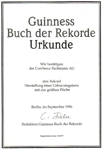 Weltrekord-Torte flach Urkunde 1996